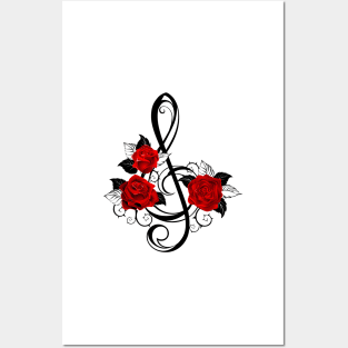 Black Musical Key with Red Roses Posters and Art